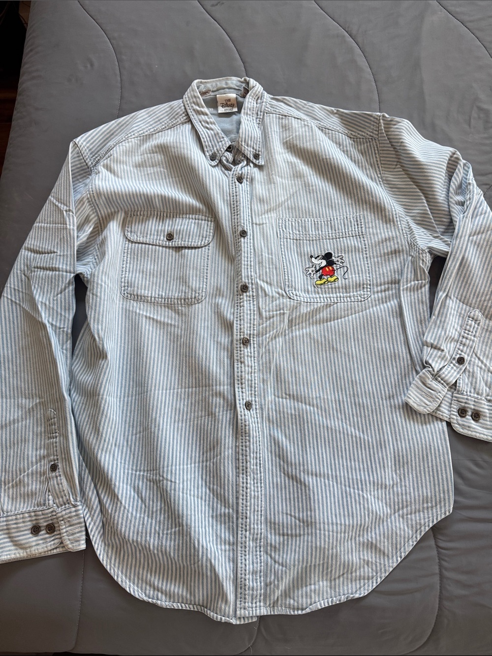 Vintage Mickey Mouse Embroidered Striped Button-Up Shirt - Light Blue
